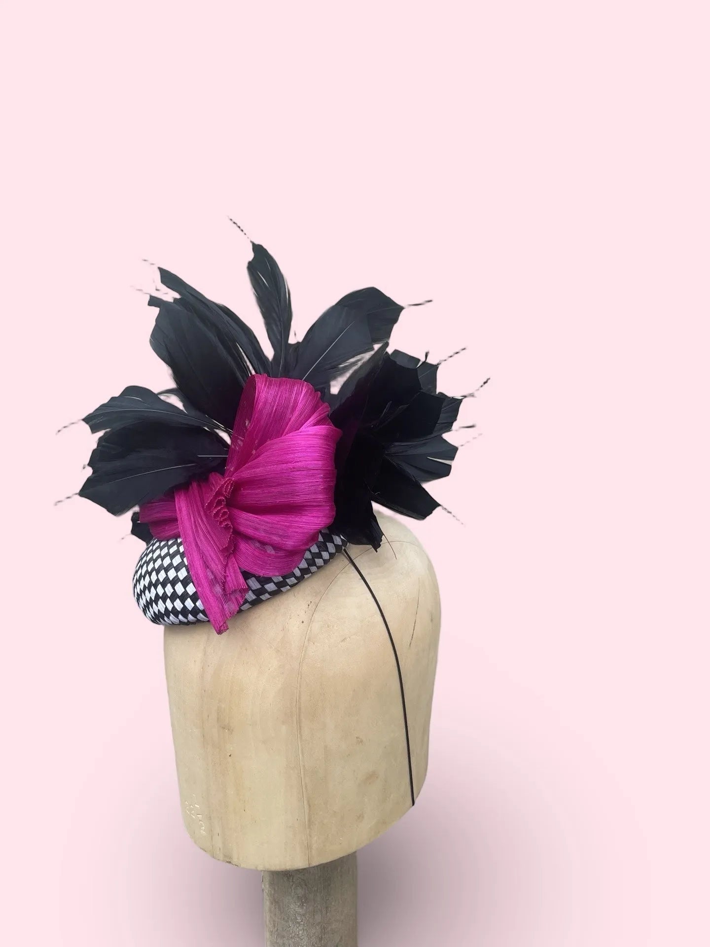 Black Lotus Fascinator - Check Pillbox with Feather & Bow