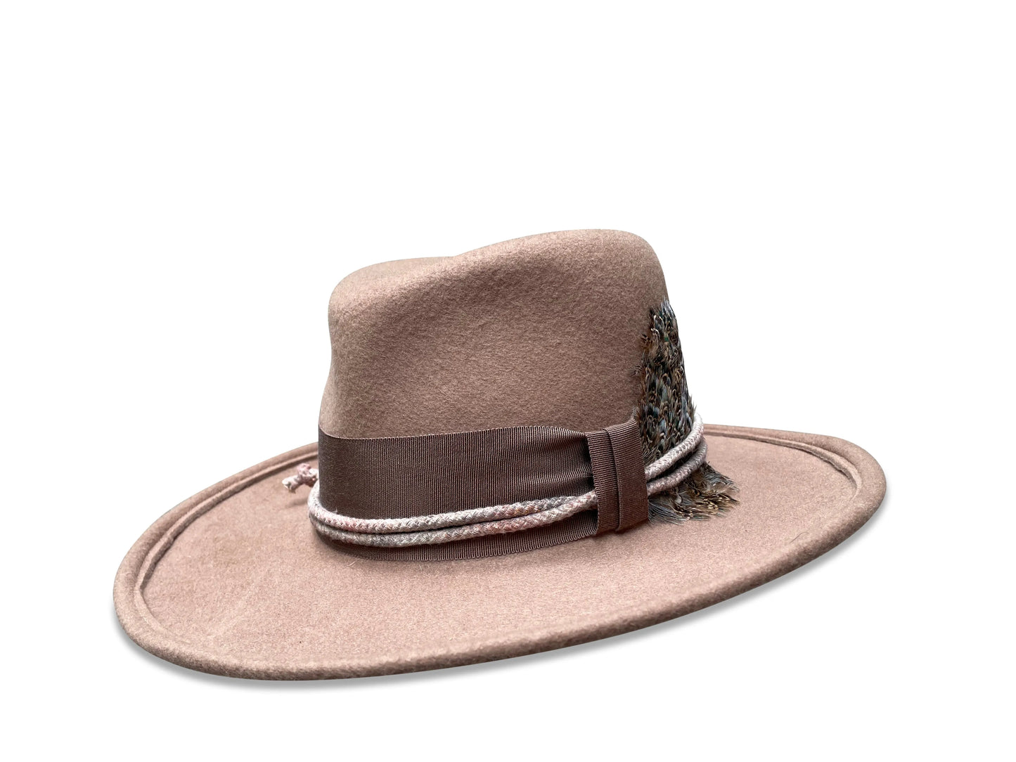 Blink123 Boho Cowboy Hat - Camel Wool Felt with Rope & Feather Trim