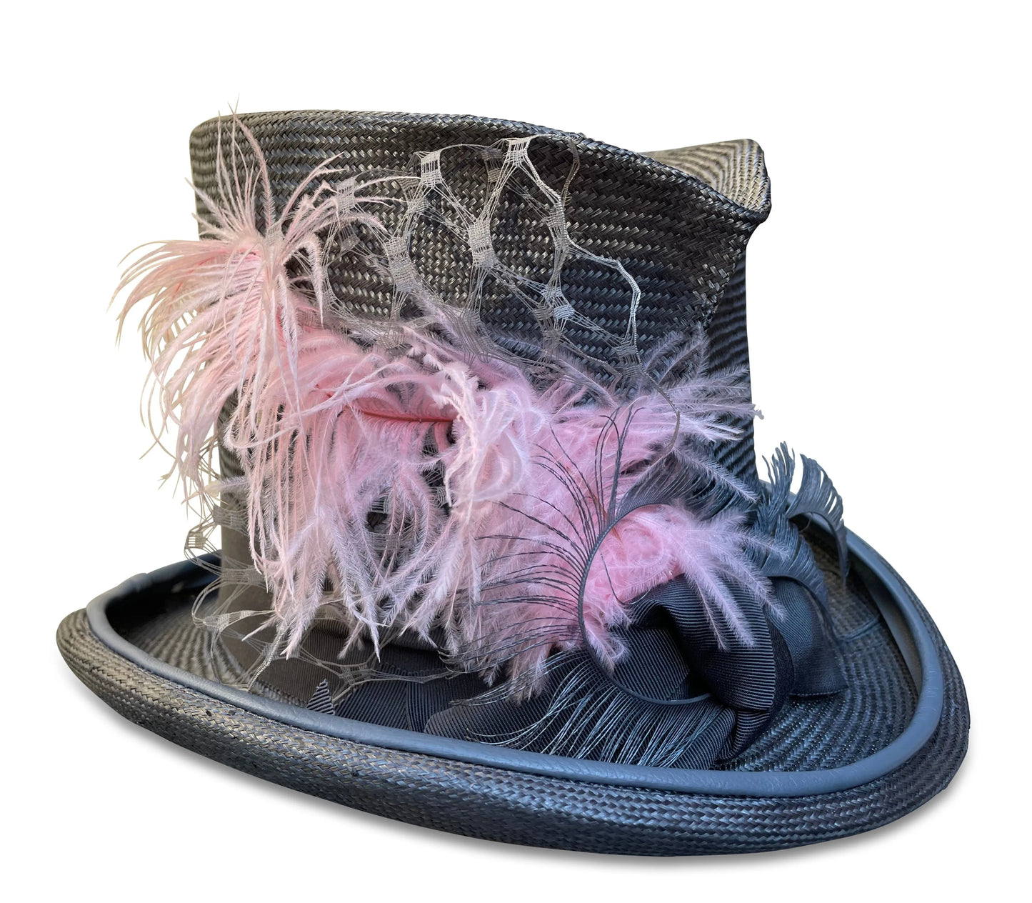 Boudica - Mad Hatter Style Top Hat with Pink Ostrich Curls