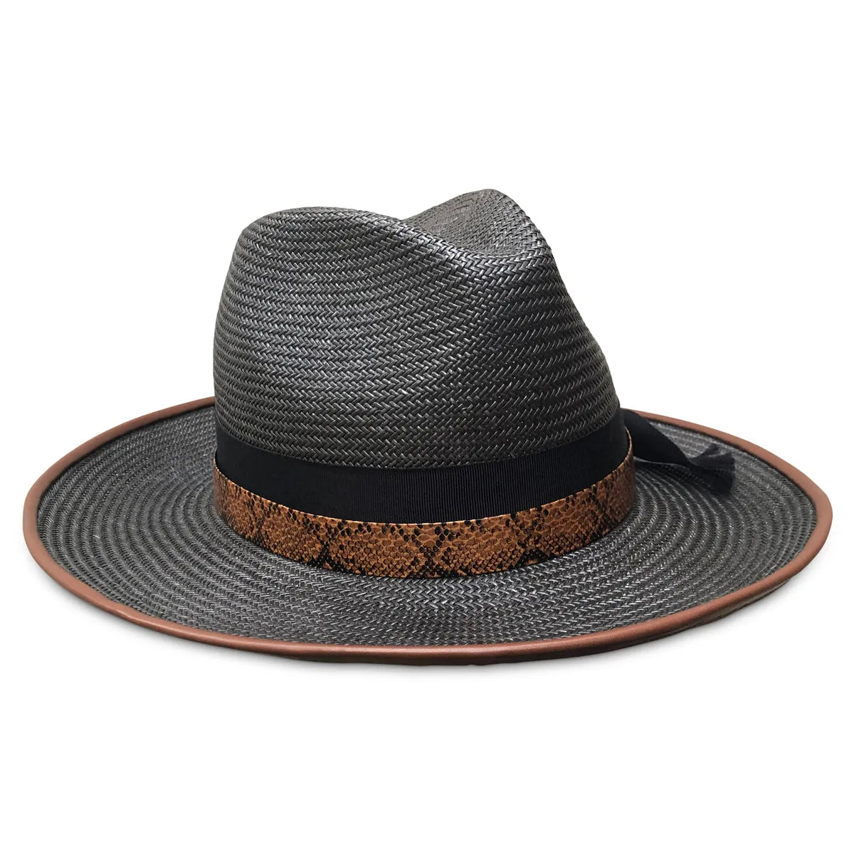 Buckeye - Black Straw Fedora with Cognac Leather Piping