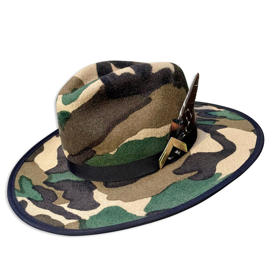 Camo Cowboy Hat - Teardrop Crown with Feather Trim