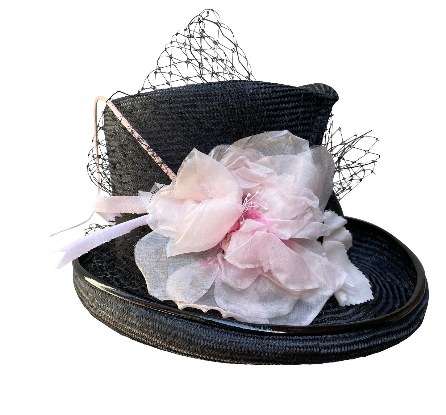 Derby Devil - Black Straw Top Hat with Pleated Crown & Pink Rose