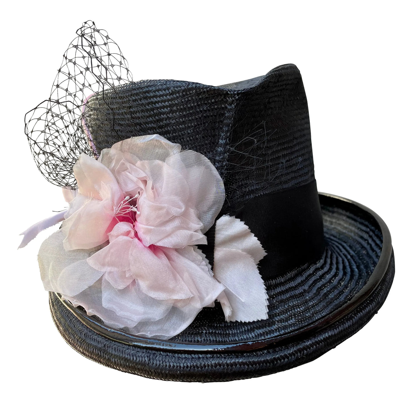 Derby Devil - Black Straw Top Hat with Pleated Crown & Pink Rose