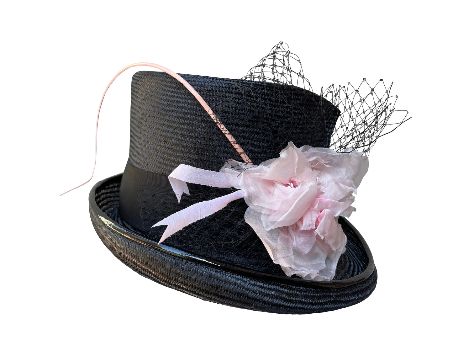 Derby Devil - Black Straw Top Hat with Pleated Crown & Pink Rose