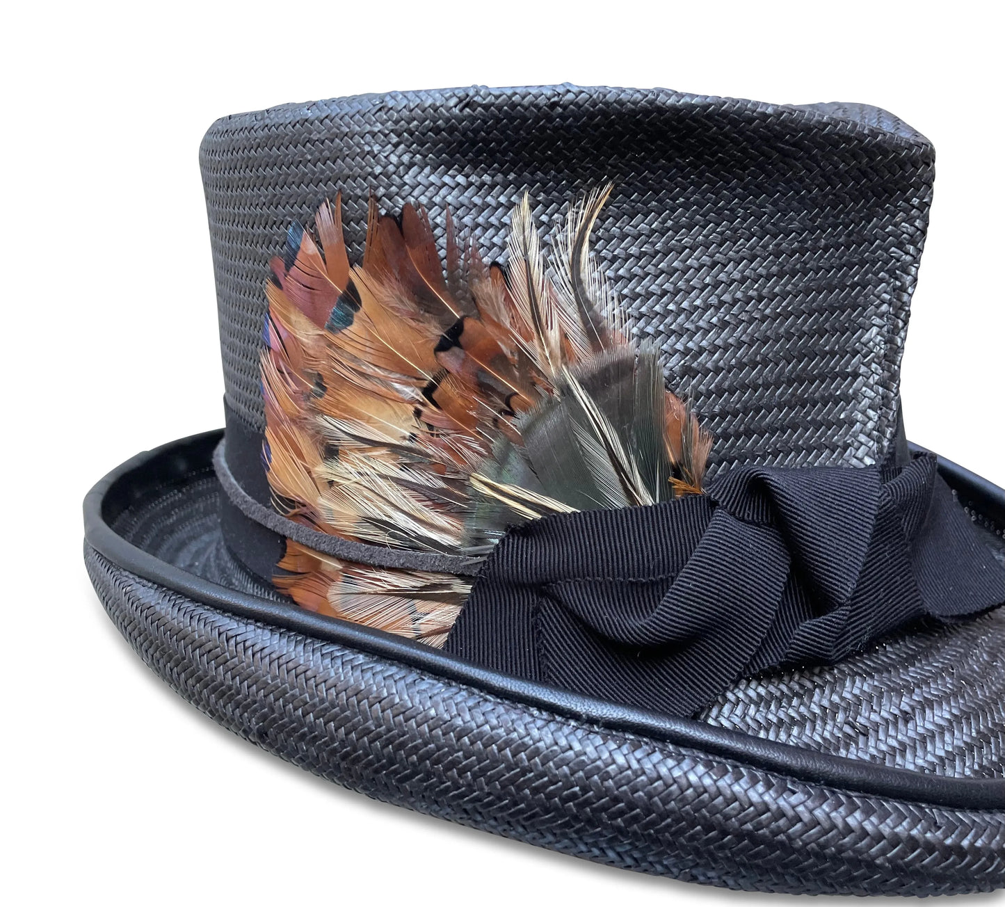 Diablo - Black Straw Top Hat with Mixed Feather Trim