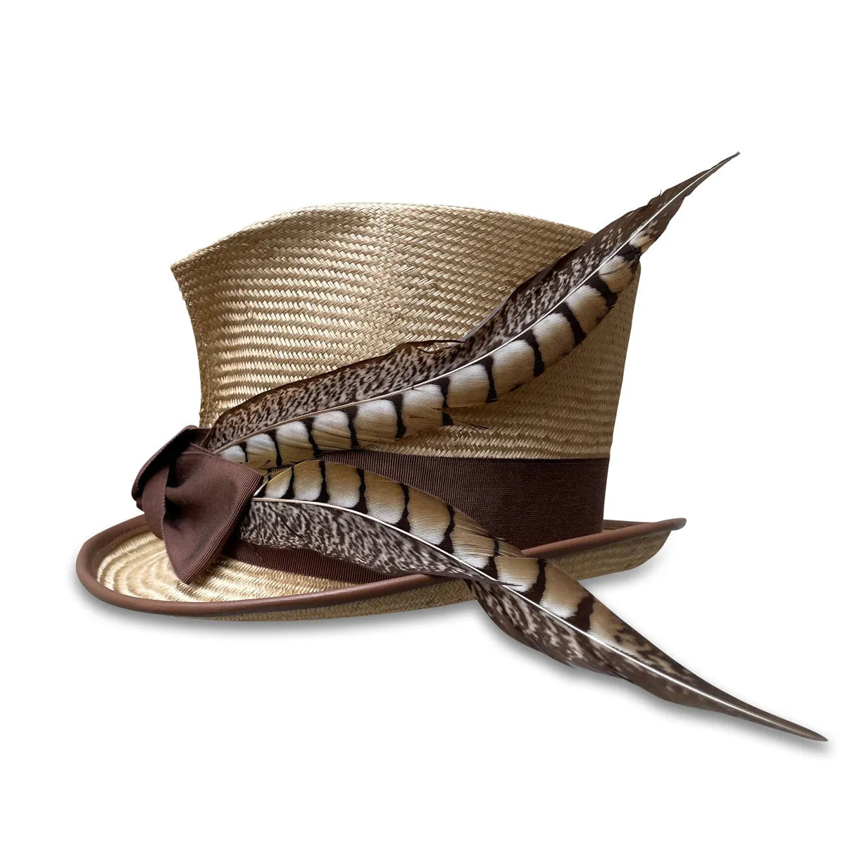 Evelyn - Exaggerated Straw Top Hat with Feathers & Lambskin Trim