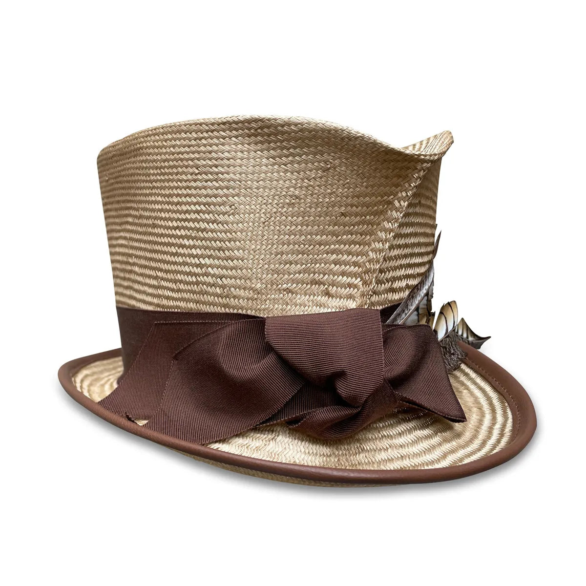 Evelyn - Exaggerated Straw Top Hat with Feathers & Lambskin Trim