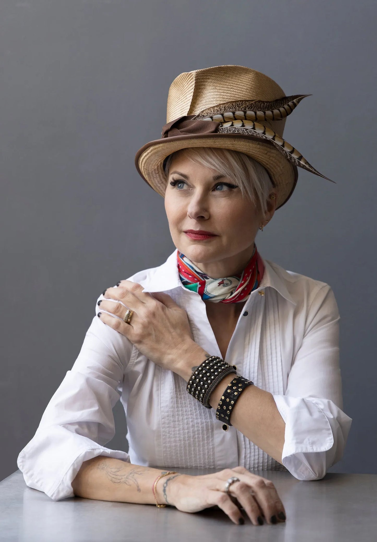 Evelyn - Exaggerated Straw Top Hat with Feathers & Lambskin Trim