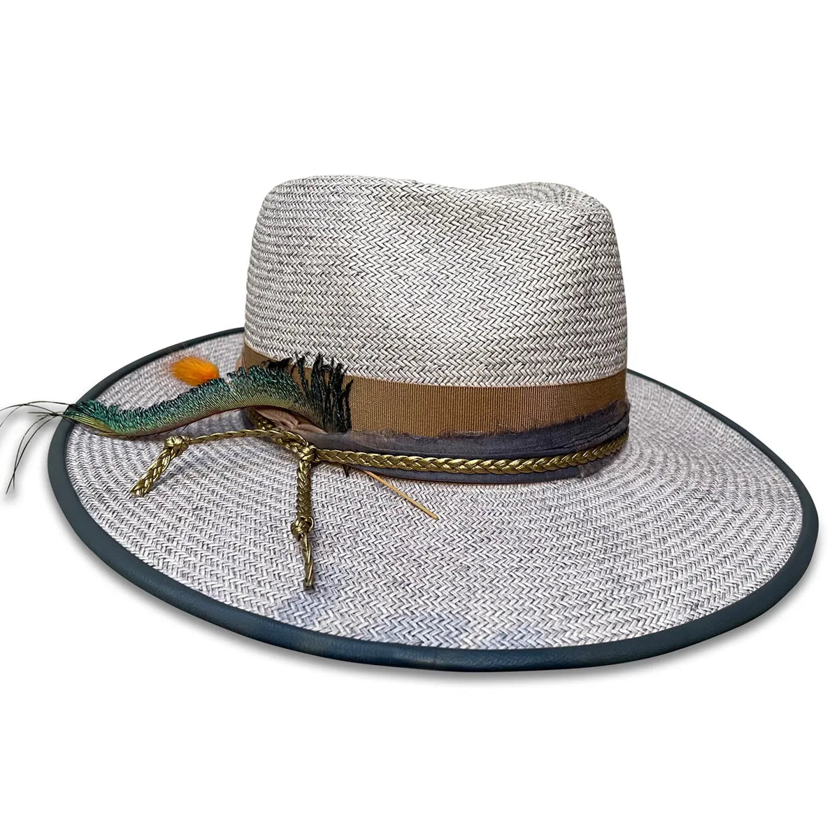 Guy Fedora Hat - Grey Washed Shantung with Peacock Feather