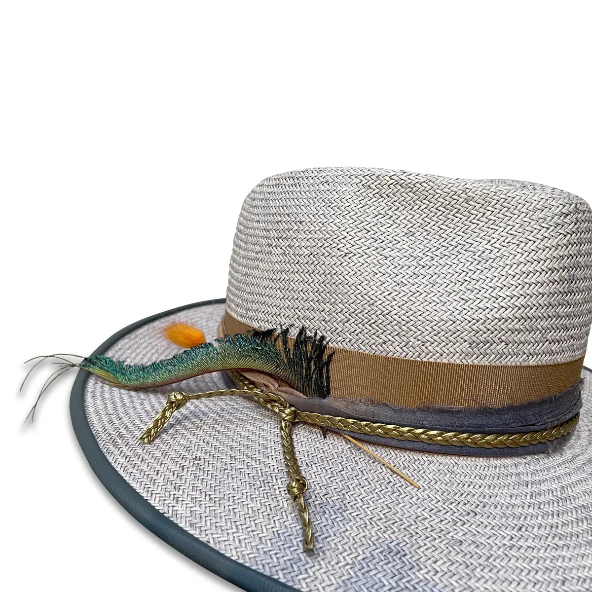 Guy Fedora Hat - Grey Washed Shantung with Peacock Feather