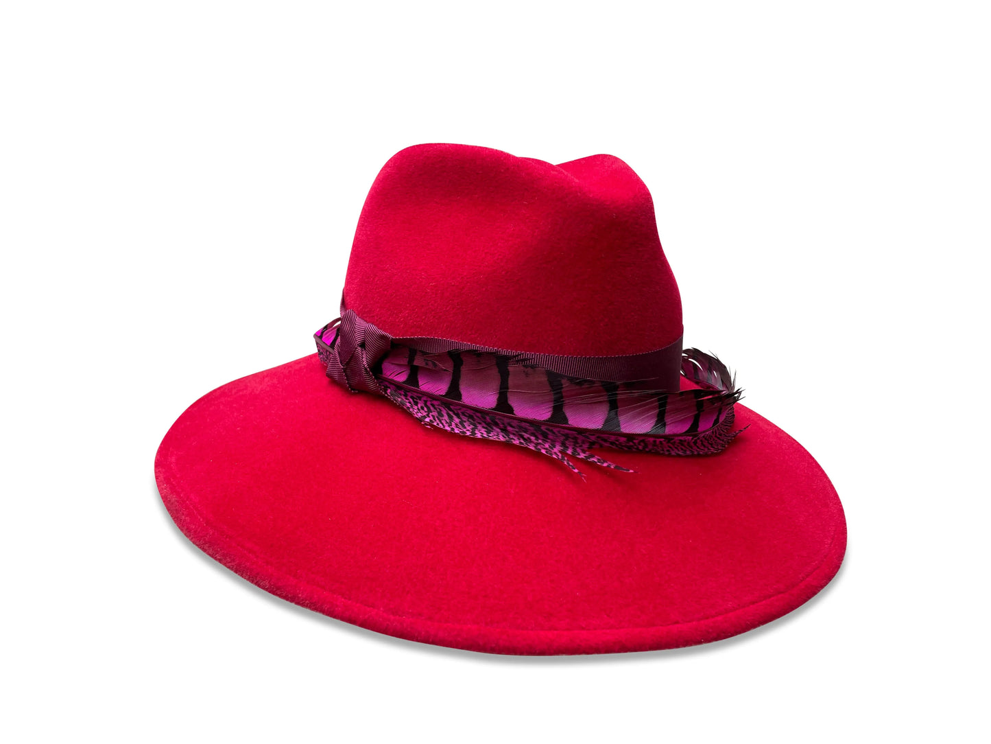 La Volute - Red Wide Brim Fedora with Pheasant Feather & Grosgrain