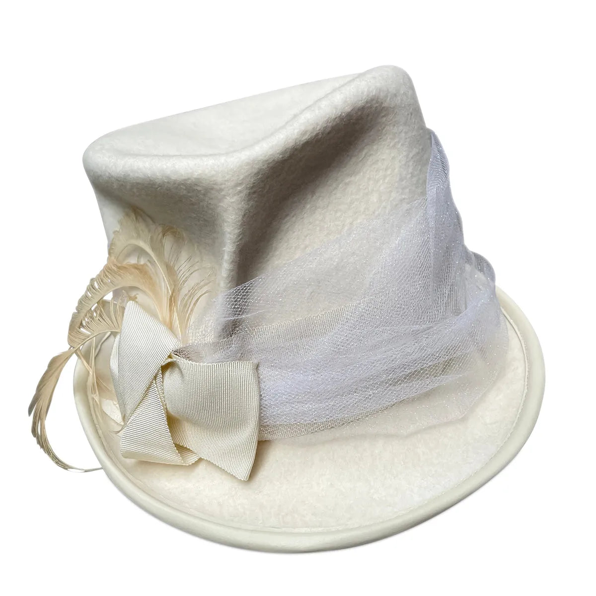 Lilith Bridal Top Hat - White Fur Felt with Feathers & Tulle