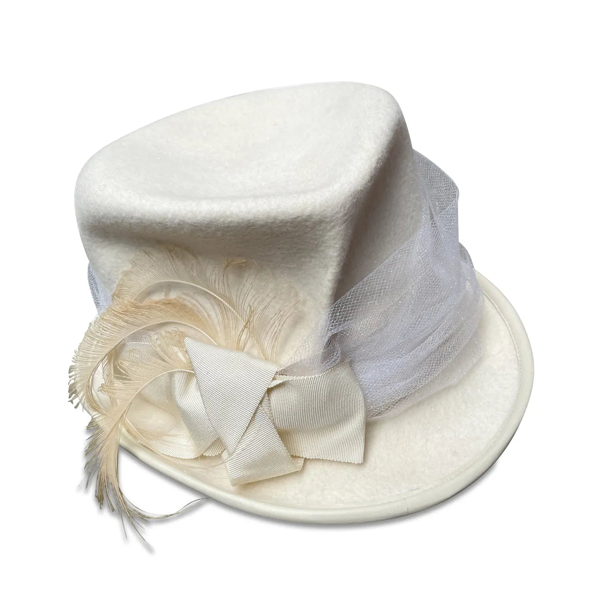 Lilith Bridal Top Hat - White Fur Felt with Feathers & Tulle