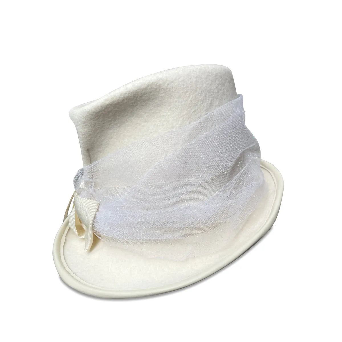 Lilith Bridal Top Hat - White Fur Felt with Feathers & Tulle