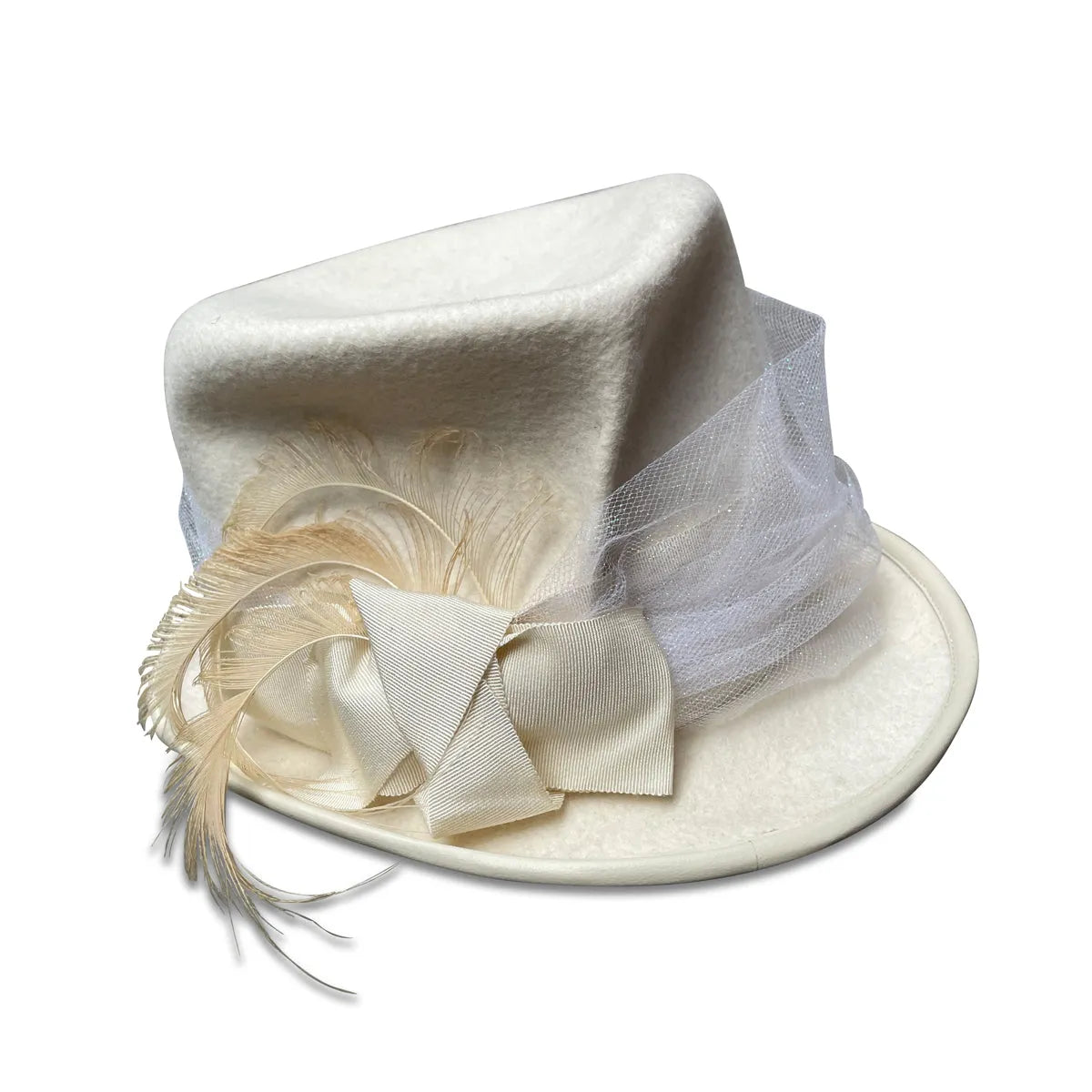 Lilith Bridal Top Hat - White Fur Felt with Feathers & Tulle