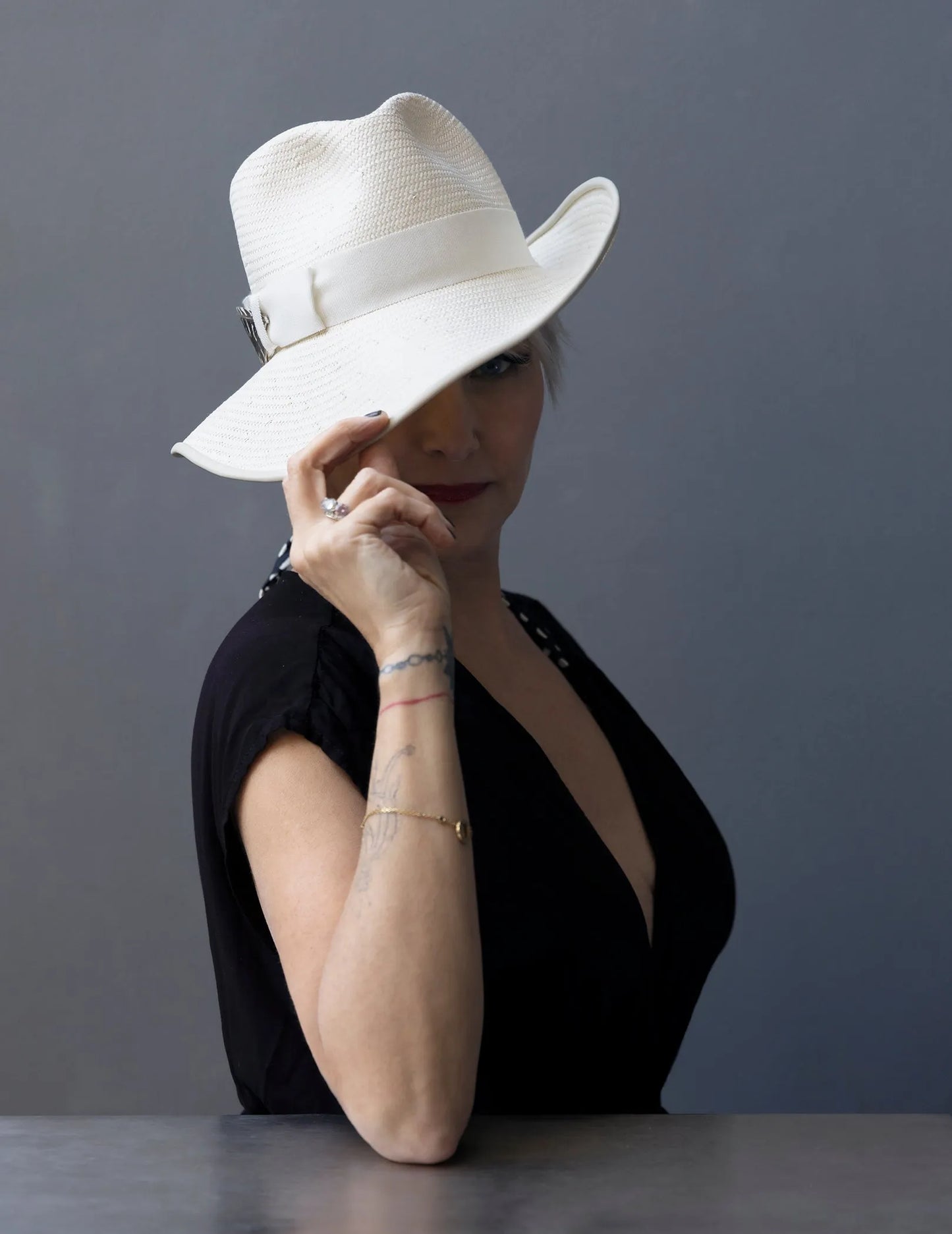 Luella - Asymmetrical Straw Fedora with Leather Trim
