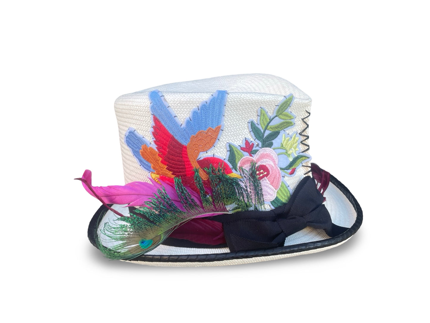 Ivory Straw Top Hat with black piping and trim. Hummgingbird and Floral Applique design on right side of crown