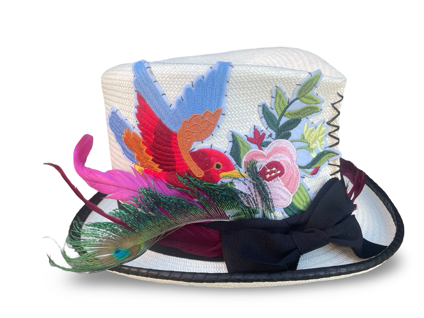 Ivory Straw Top Hat with black piping and trim. Hummgingbird and Floral Applique design on right side of crown