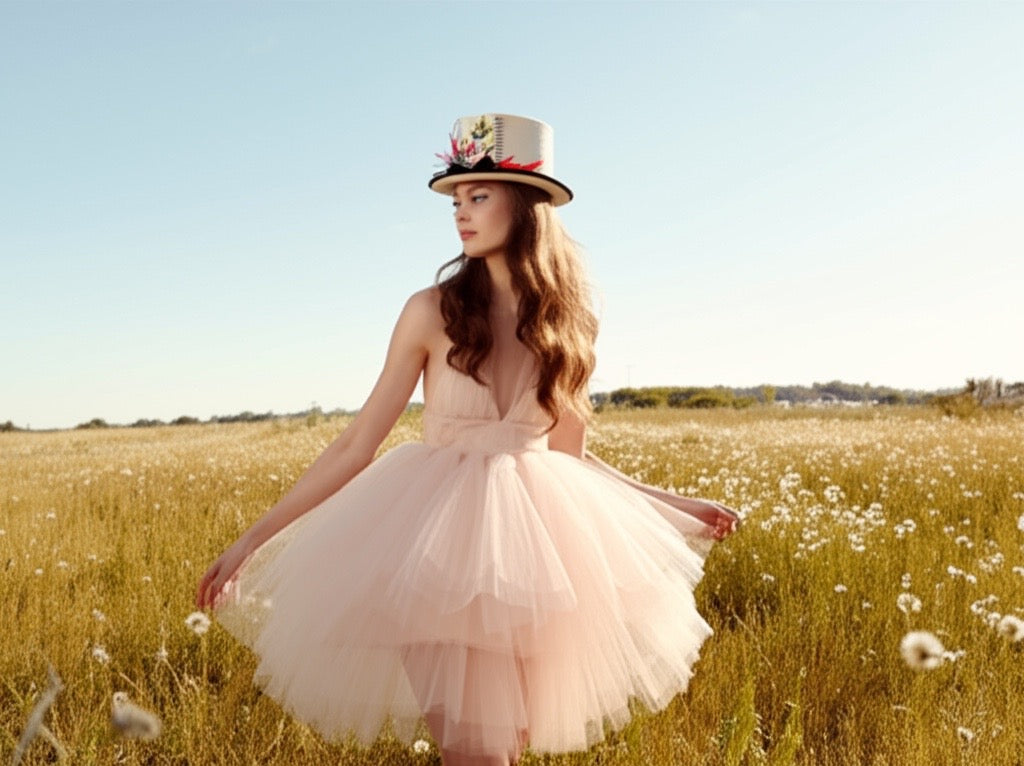 Ivory Straw Top Hat with black piping and trim. Hummgingbird and Floral Applique design on right side of crown