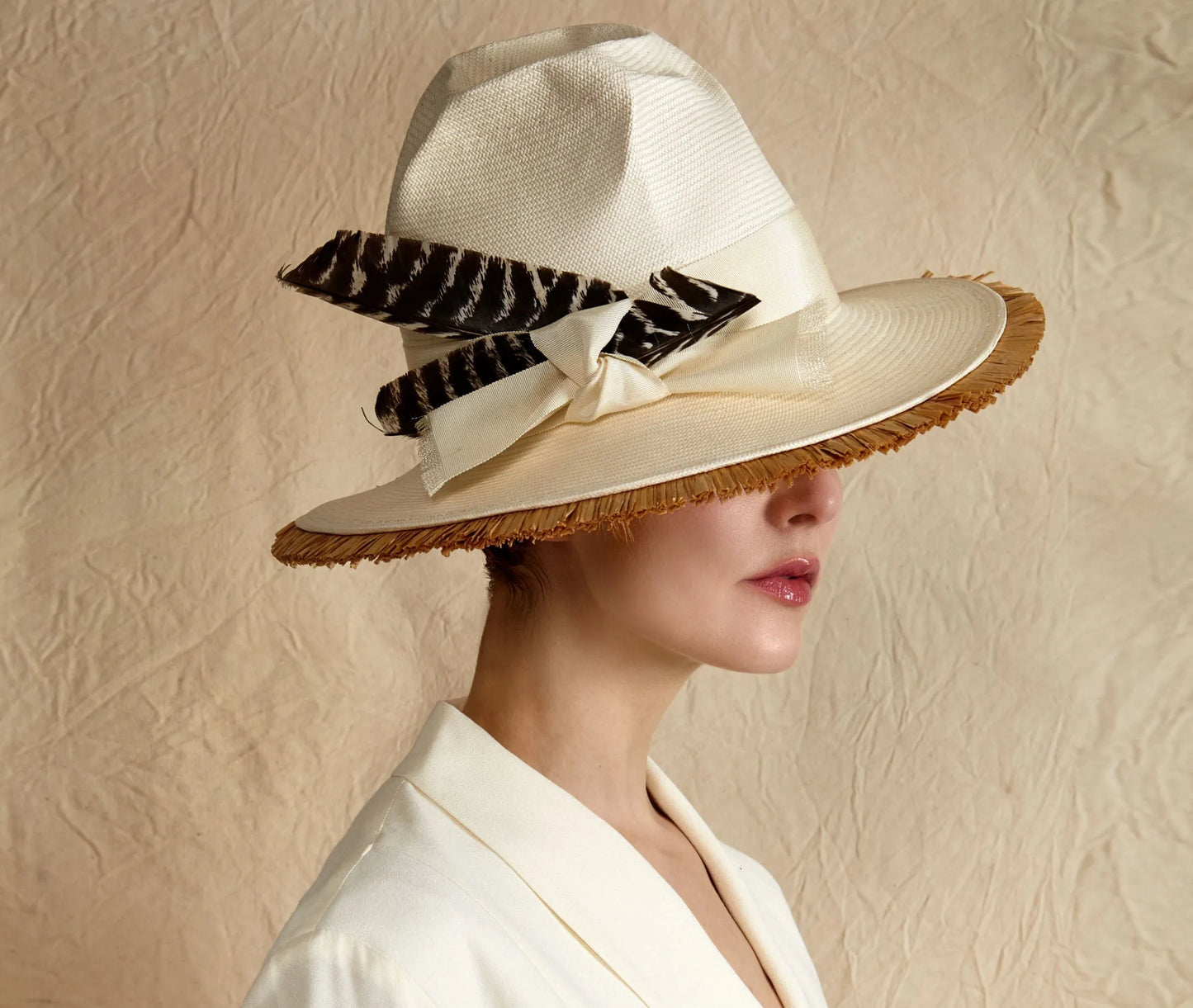 Ms. Parker Straw Hat - Shantung Crown & Raffia Fringe Brim