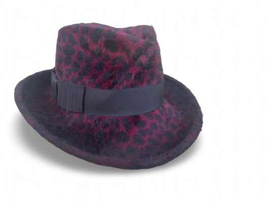 Burgundy Leopard Fedora with black grosgrain trim. Front View