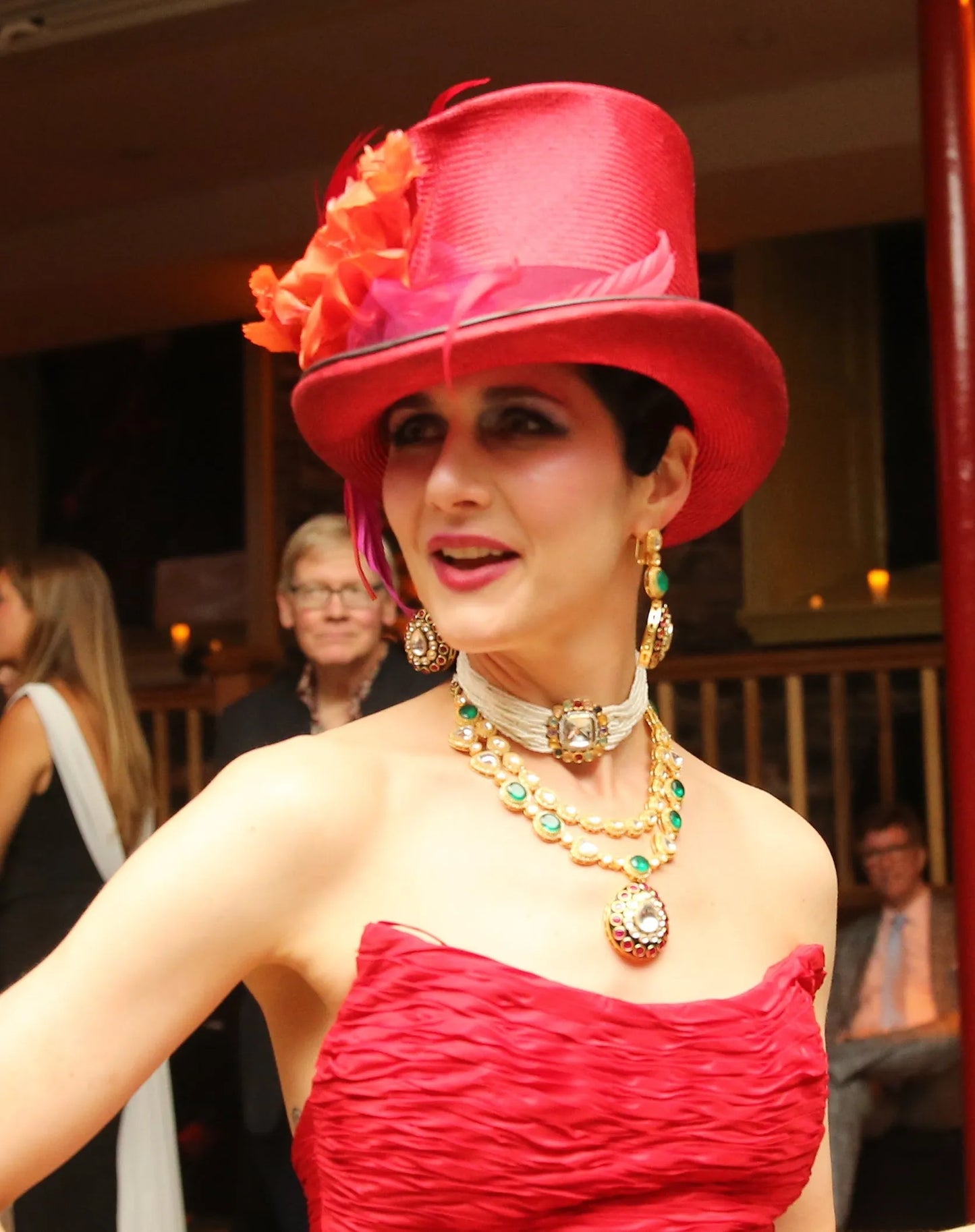 Persephone - Mad Hatter Red Top Hat with Flowers & Feathers