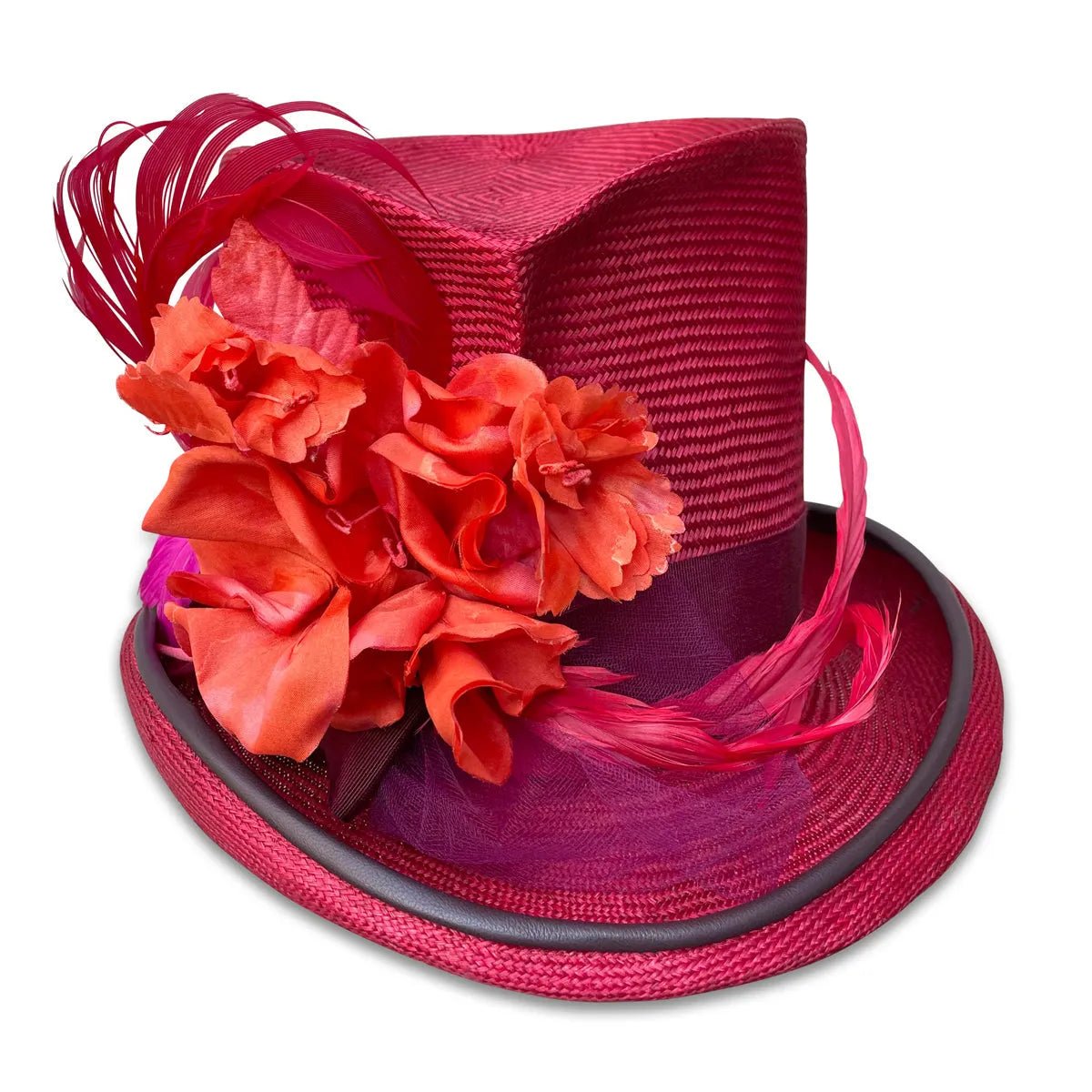 Persephone - Mad Hatter Red Top Hat with Flowers & Feathers