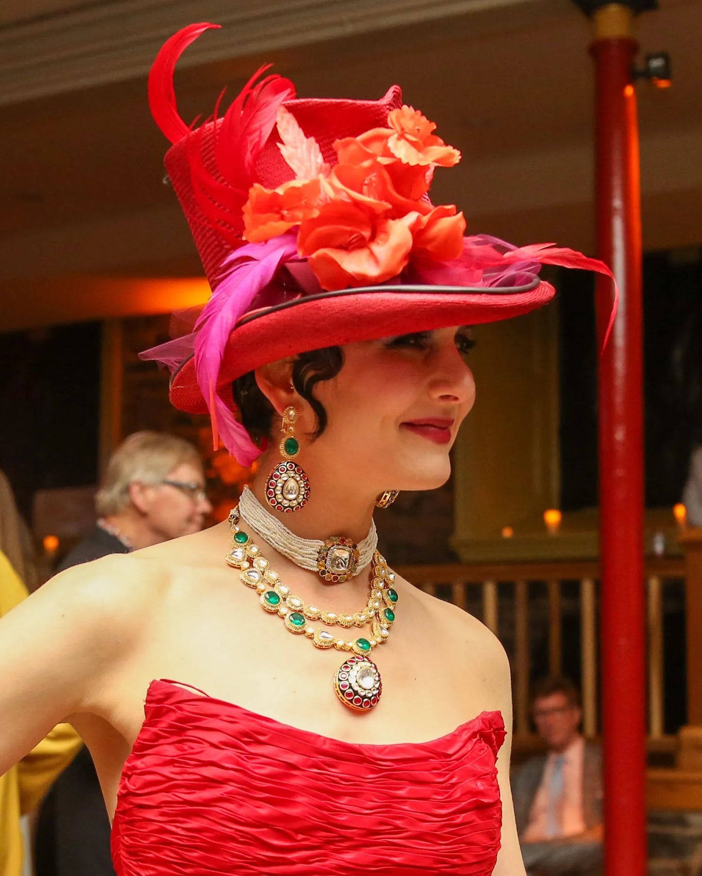Persephone - Mad Hatter Red Top Hat with Flowers & Feathers