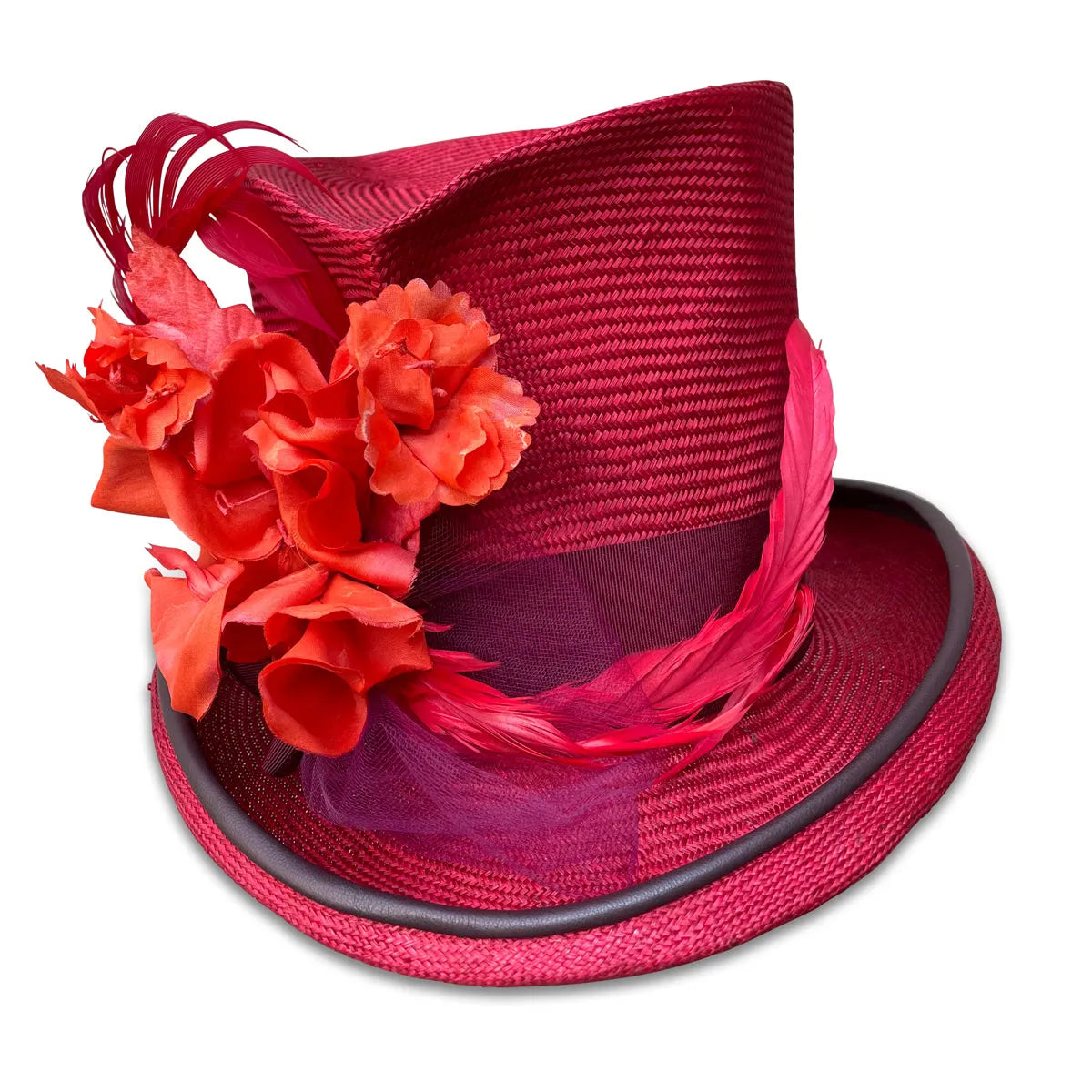 Persephone - Mad Hatter Red Top Hat with Flowers & Feathers