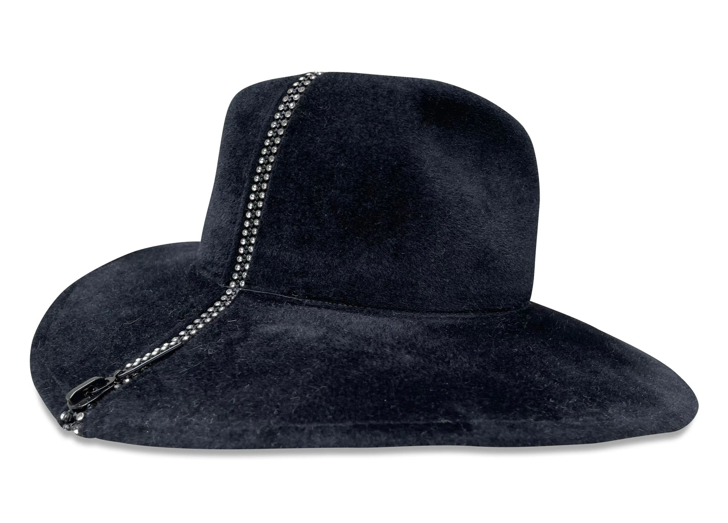 Poppins Fedora - Black Fur Felt with Rhinestone Zipper Trim