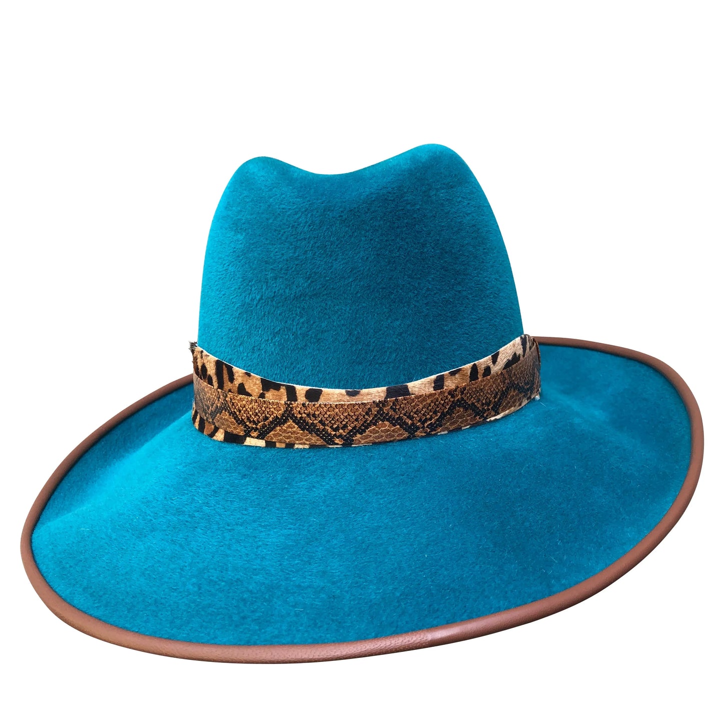Purity - Turquoise Fedora with Leopard & Faux Snake Trim