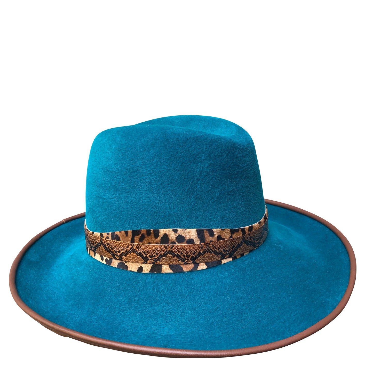 Purity - Turquoise Fedora with Leopard & Faux Snake Trim