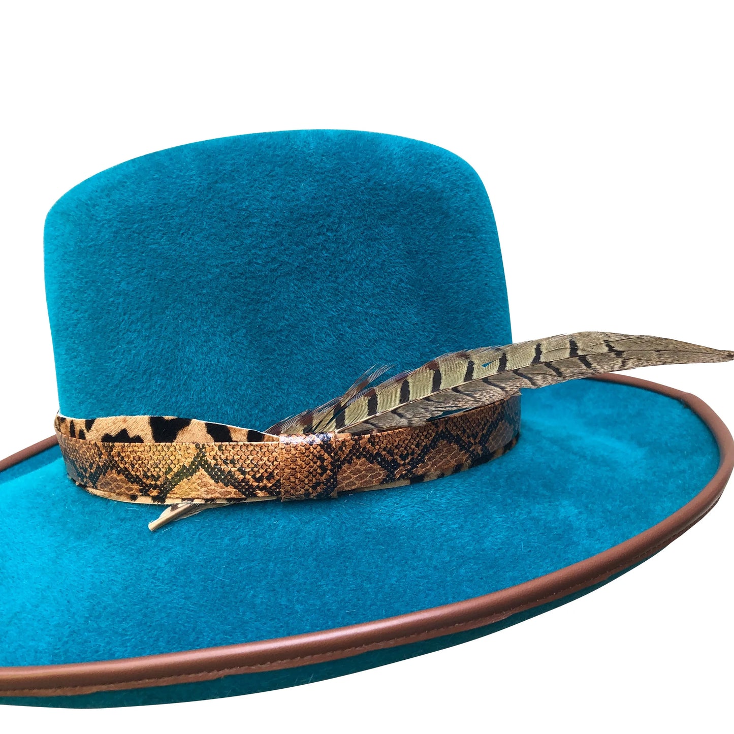 Purity - Turquoise Fedora with Leopard & Faux Snake Trim