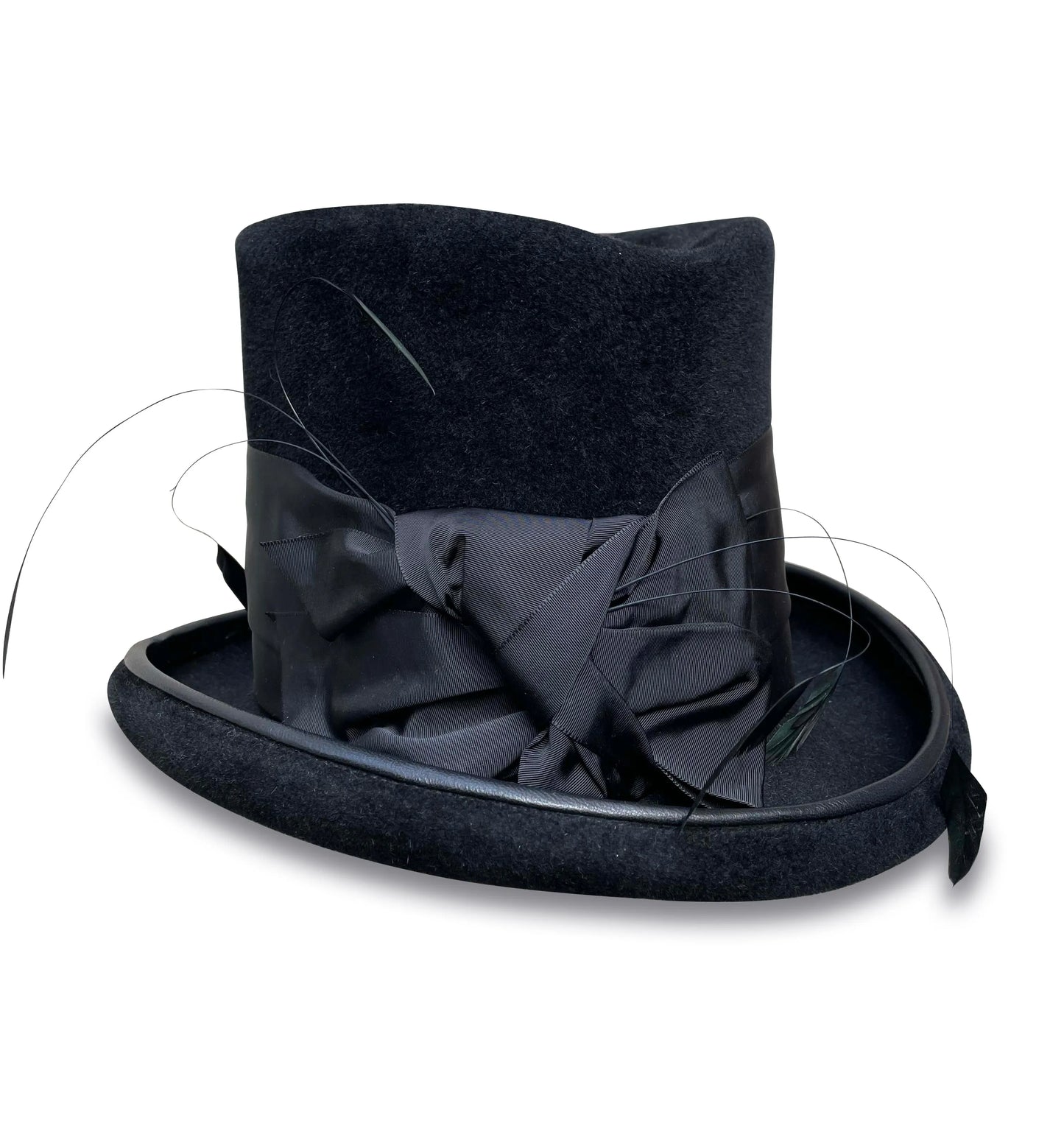 Ringmaster - Black Top Hat with Coque Feathers & Lambskin Piping