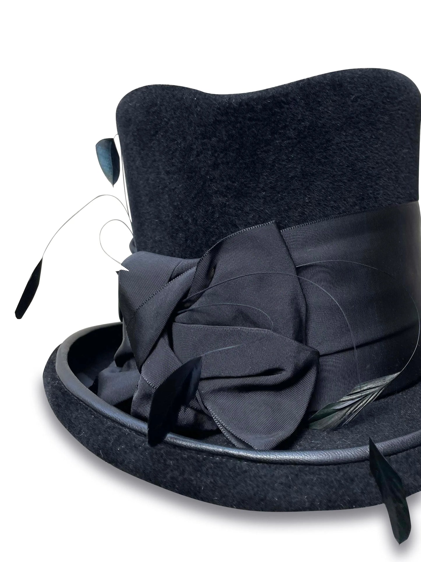 Ringmaster - Black Top Hat with Coque Feathers & Lambskin Piping
