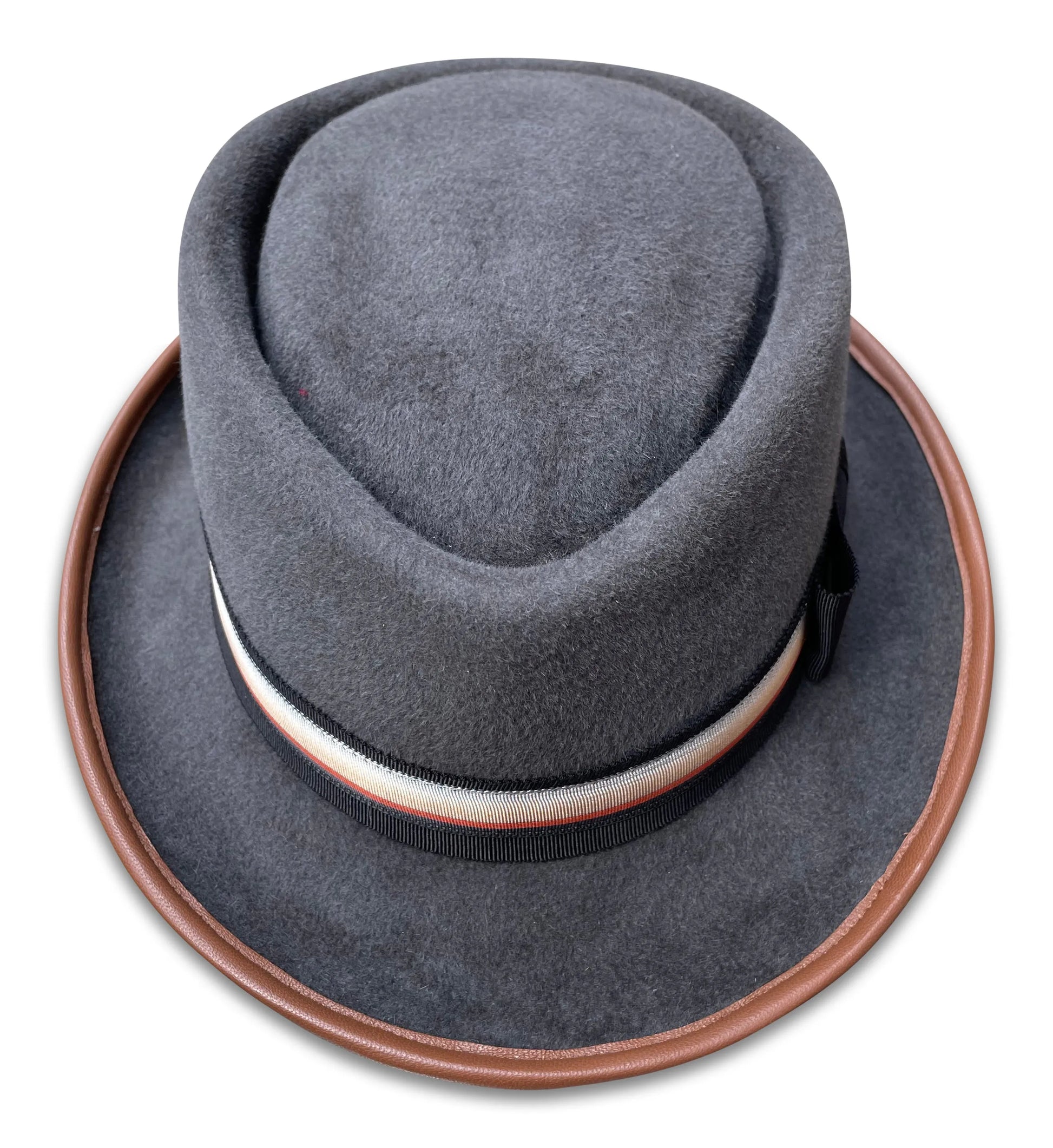 502 Fedora - Grey Felt Porkpie with Teardrop Crown & Leather Trim