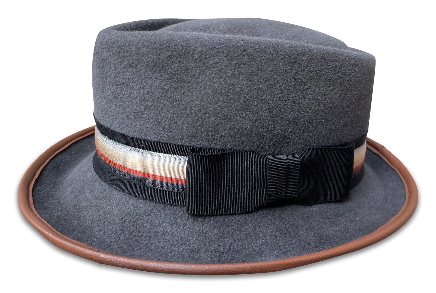 502 Fedora - Grey Felt Porkpie with Teardrop Crown & Leather Trim