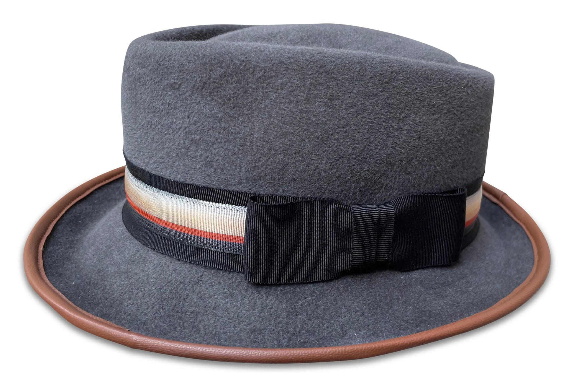 502 Fedora - Grey Felt Porkpie with Teardrop Crown & Leather Trim