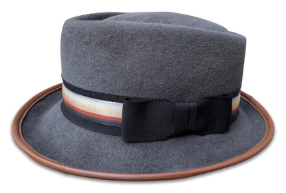 502 Fedora - Grey Felt Porkpie with Teardrop Crown & Leather Trim