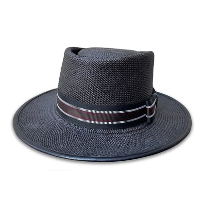502 Porkpie Hat - Black Panama Straw with Stripe Trim & Piping