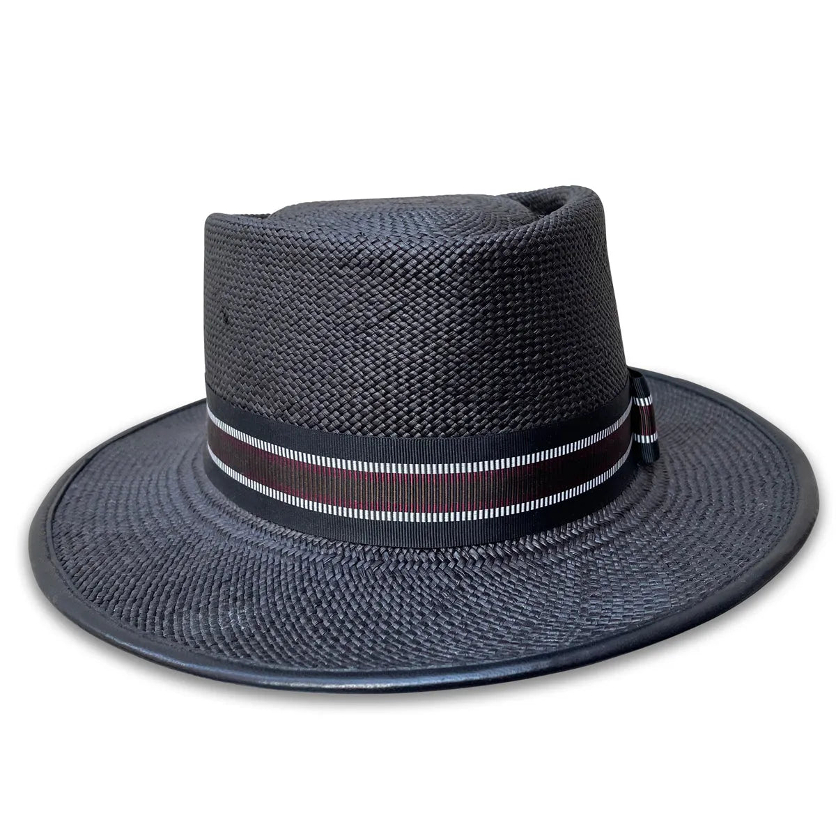 502 Porkpie Hat - Black Panama Straw with Stripe Trim & Piping