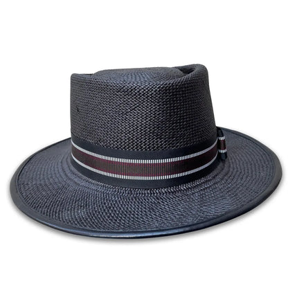 502 Porkpie Hat - Black Panama Straw with Stripe Trim & Piping