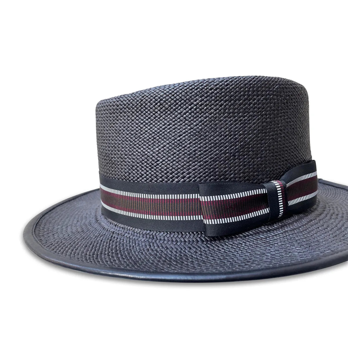 502 Porkpie Hat - Black Panama Straw with Stripe Trim & Piping