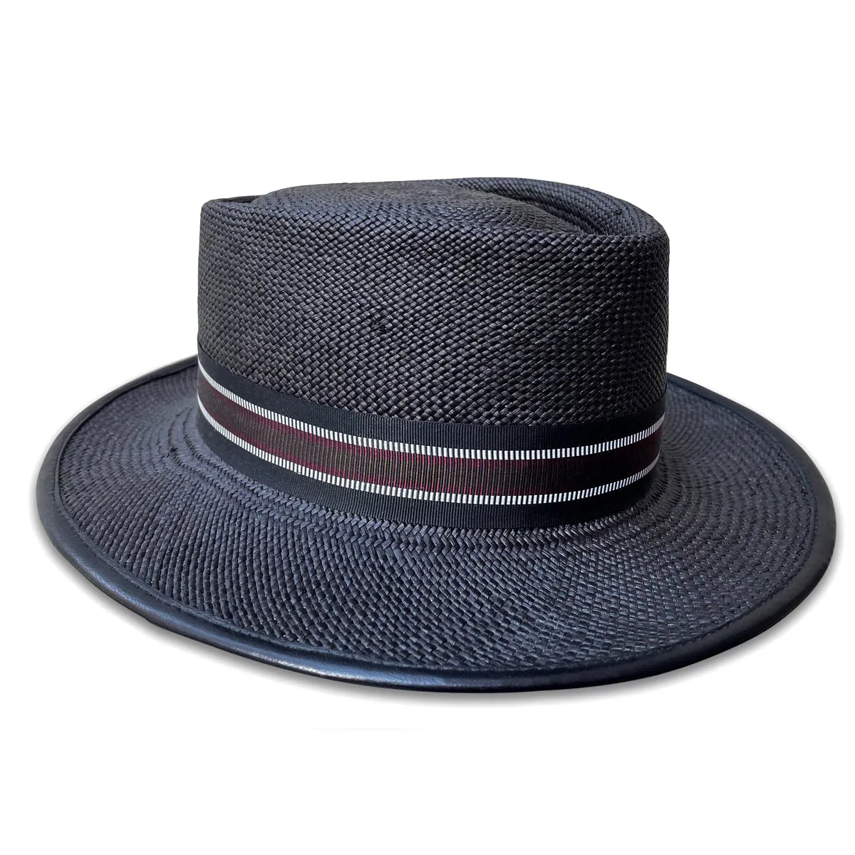 502 Porkpie Hat - Black Panama Straw with Stripe Trim & Piping