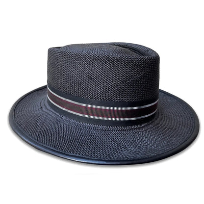 502 Porkpie Hat - Black Panama Straw with Stripe Trim & Piping
