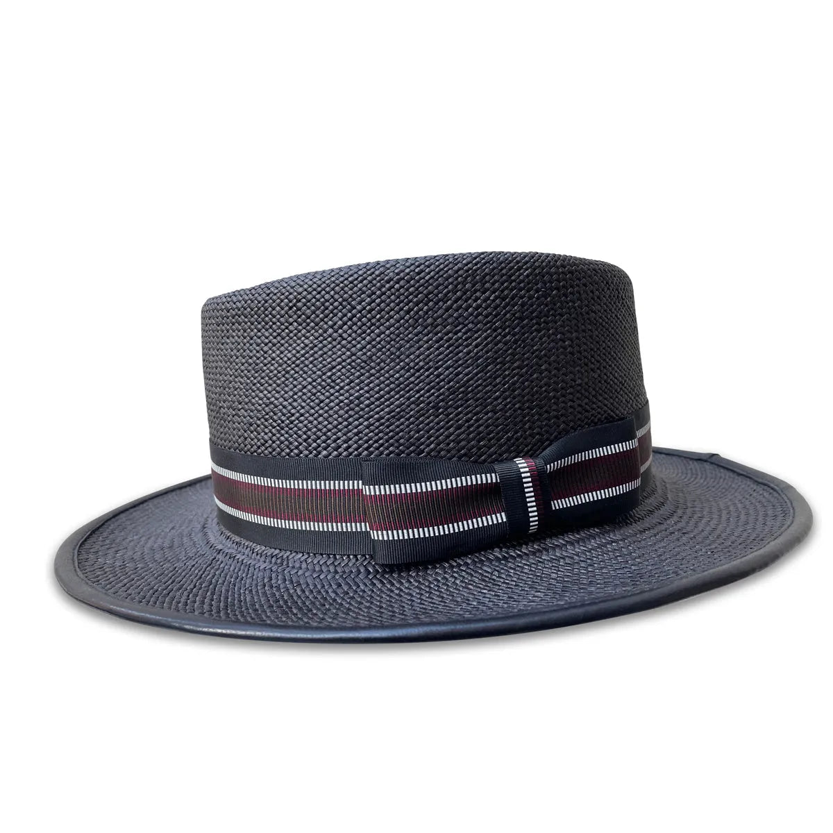 502 Porkpie Hat - Black Panama Straw with Stripe Trim & Piping