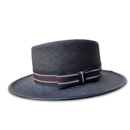 502 Porkpie Hat - Black Panama Straw with Stripe Trim & Piping
