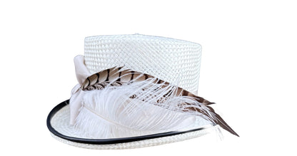 White straw hat with feather accents on a white background