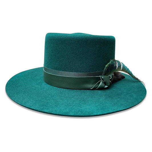 Amanda Gambler Hat - Green Wool Felt with Peacock Feather