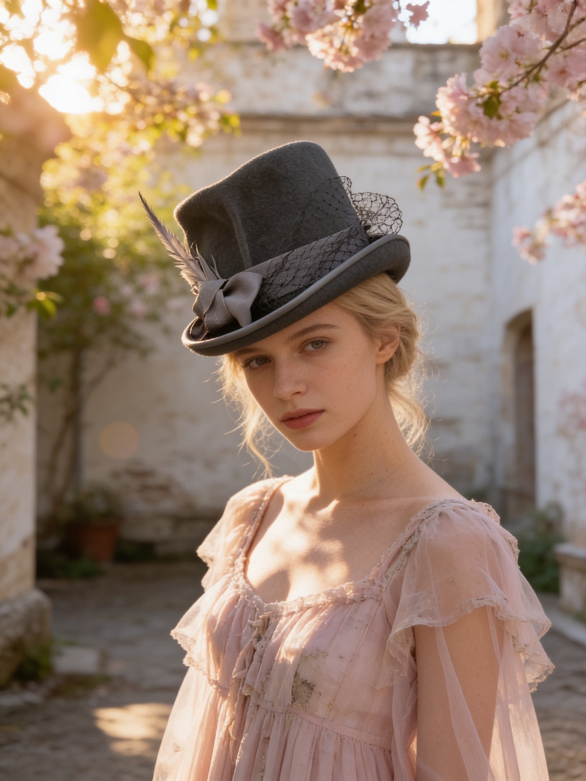 A woman in a pale pink Victorian-style dress wearing a dark gray top hat with a feather and netting detail, standing in a sunlit courtyard with blooming pink flowers.